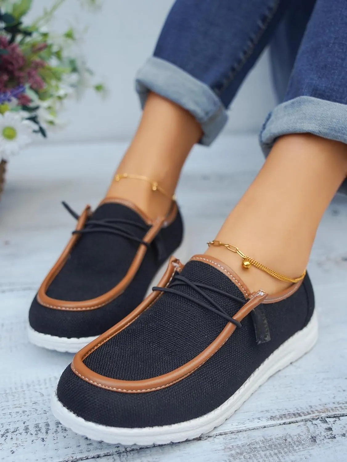 Women's Solid Comfortable Lace-up Loafers Orthopedic Ultralight Canvas Boat Casual Shoes with Arch Support Lightweight Slip On Sneakers