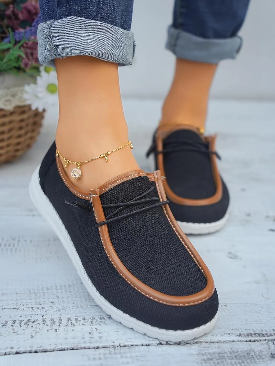 Women's Solid Comfortable Lace-up Loafers Orthopedic Ultralight Canvas Boat Casual Shoes with Arch Support Lightweight Slip On Sneakers