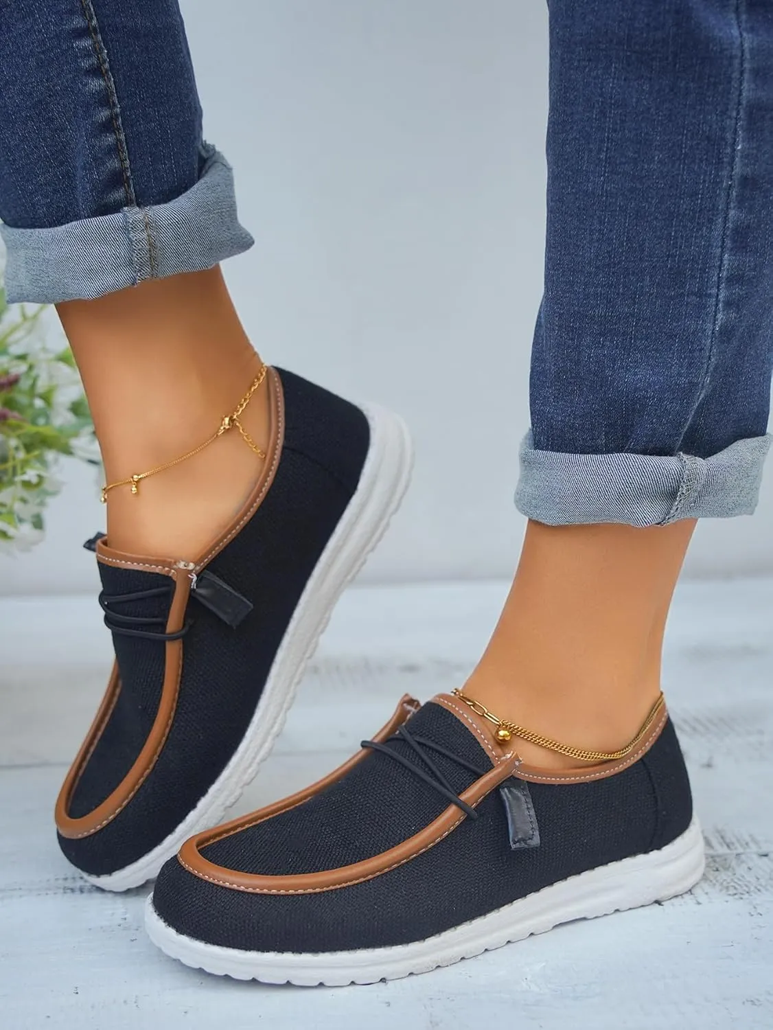 Women's Solid Comfortable Lace-up Loafers Orthopedic Ultralight Canvas Boat Casual Shoes with Arch Support Lightweight Slip On Sneakers