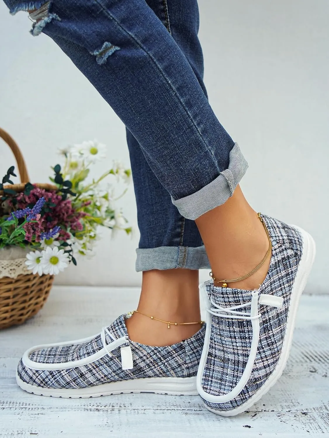 Women's Solid Comfortable Lace-up Loafers Orthopedic Ultralight Canvas Boat Casual Shoes with Arch Support Lightweight Slip On Sneakers