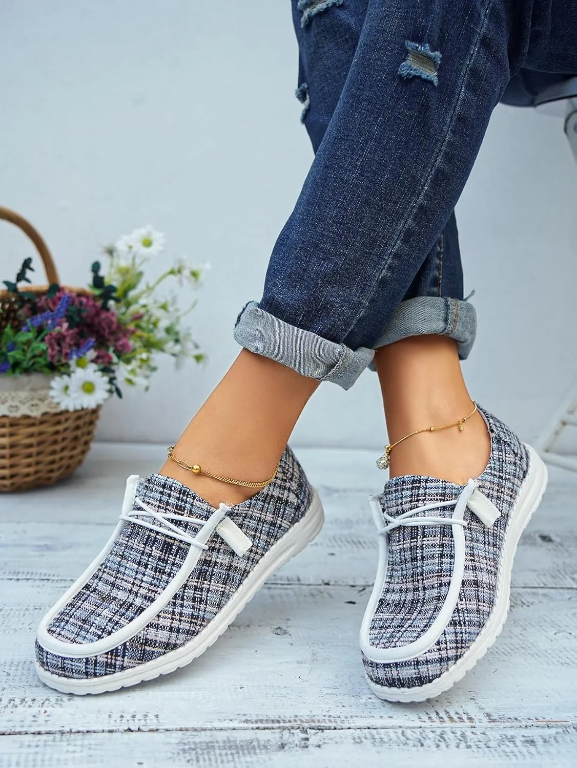 Women's Solid Comfortable Lace-up Loafers Orthopedic Ultralight Canvas Boat Casual Shoes with Arch Support Lightweight Slip On Sneakers