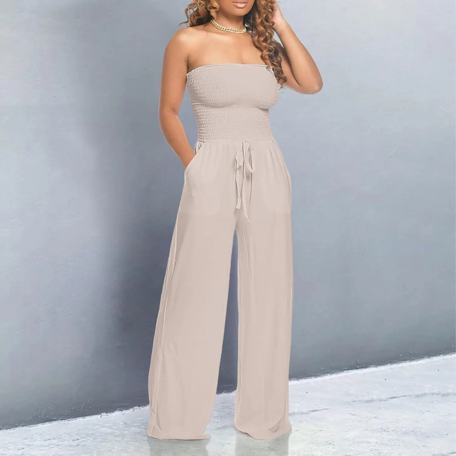 Women's Strapless Tube Top Jumpsuit Casual Off Shoulder Smocked Rompers Solid Color Wide Leg Jumpsuit with Pockets