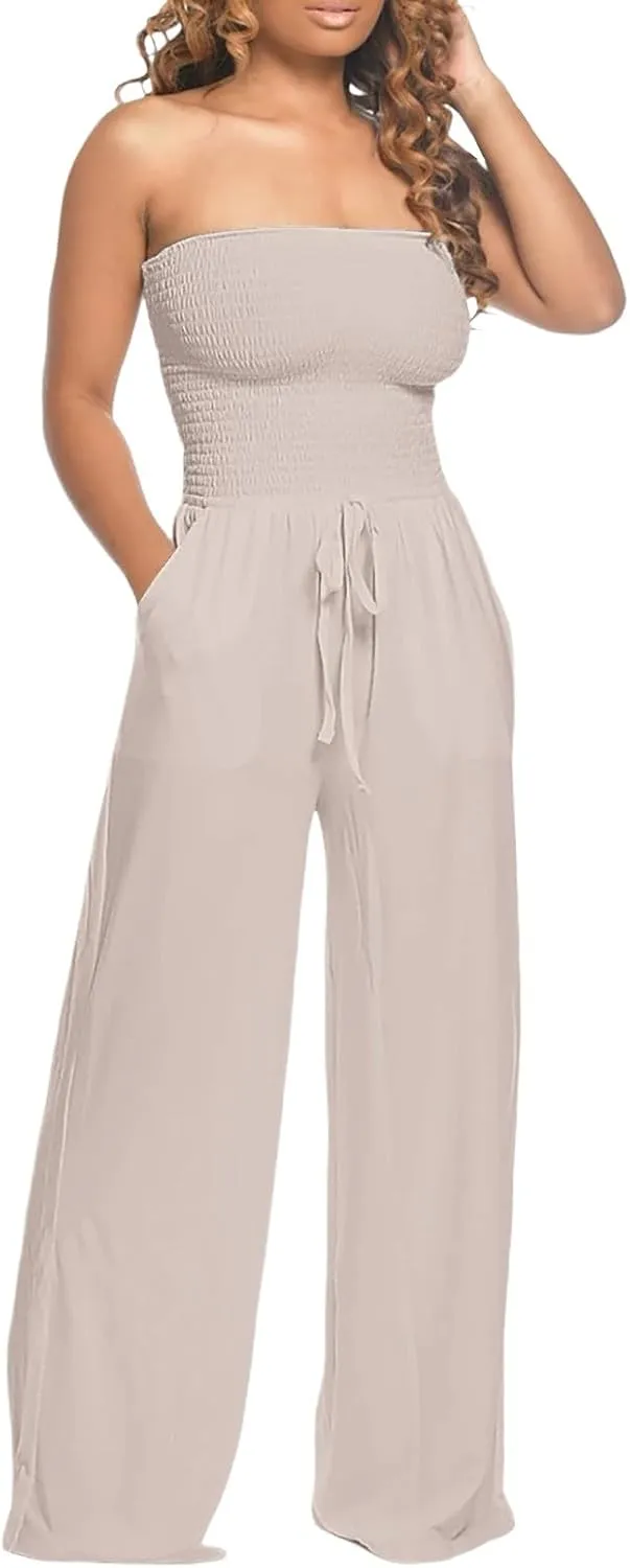 Women's Strapless Tube Top Jumpsuit Casual Off Shoulder Smocked Rompers Solid Color Wide Leg Jumpsuit with Pockets