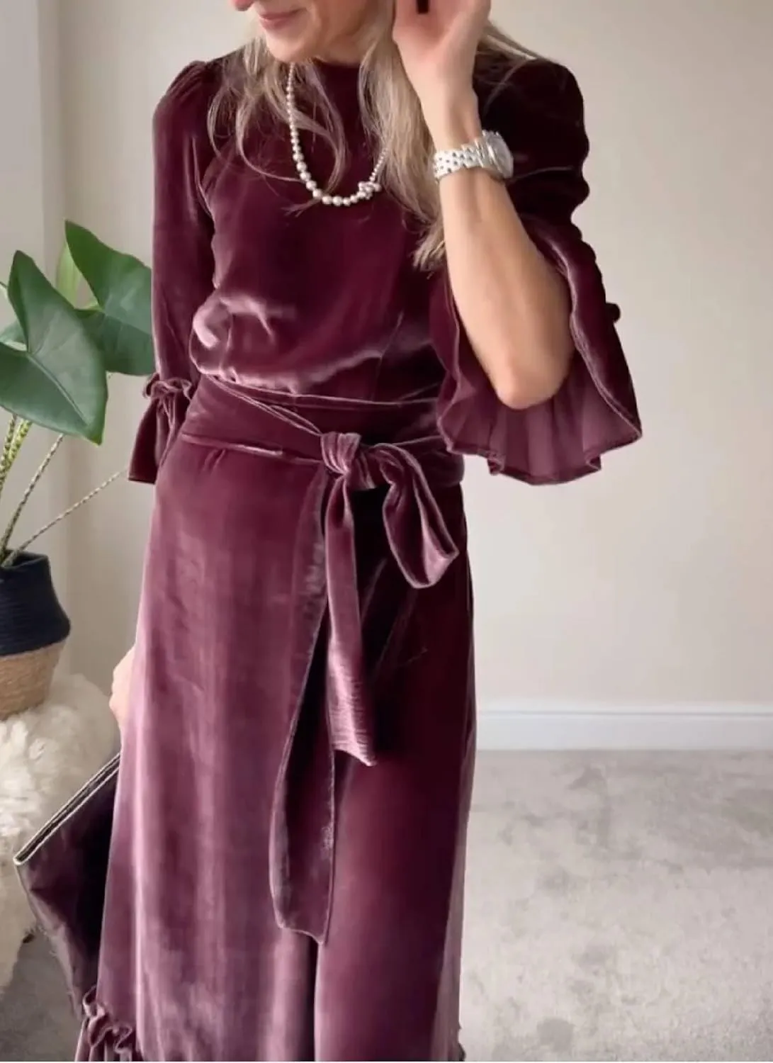 Womens Summer Charming Purple Elegant Round Neck Ruffle Long Sleeve Belt A-Line Pleated Hem Dinner Maxi Dress