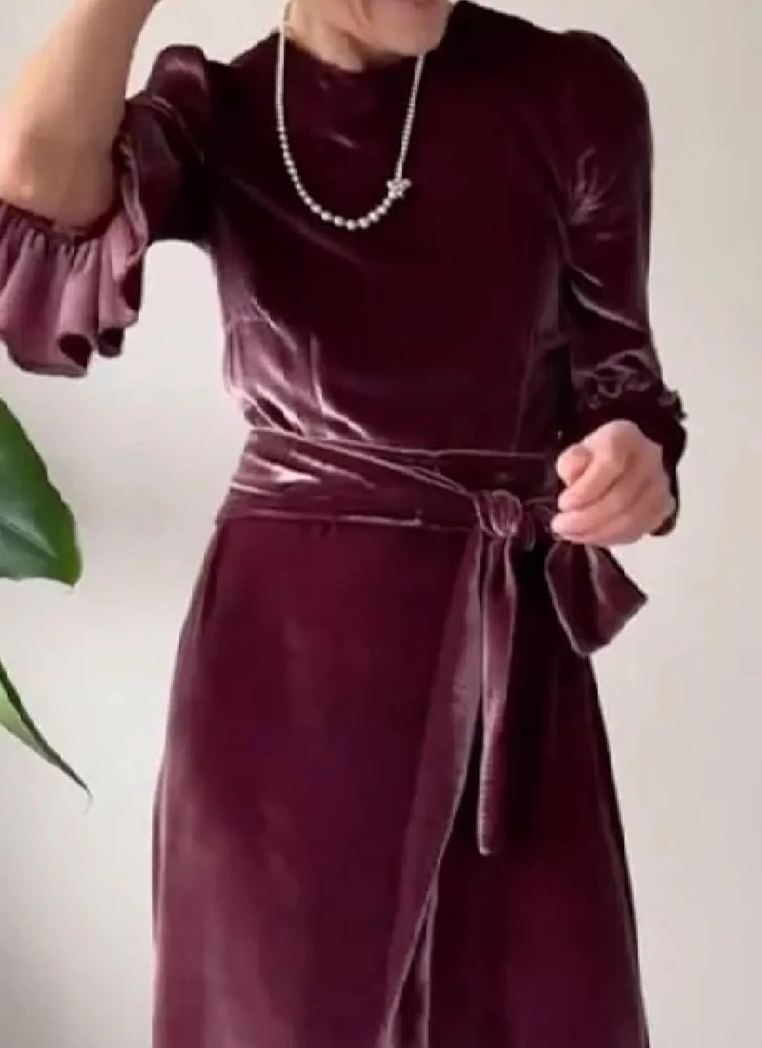 Womens Summer Charming Purple Elegant Round Neck Ruffle Long Sleeve Belt A-Line Pleated Hem Dinner Maxi Dress
