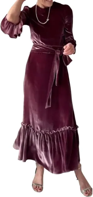 Womens Summer Charming Purple Elegant Round Neck Ruffle Long Sleeve Belt A-Line Pleated Hem Dinner Maxi Dress