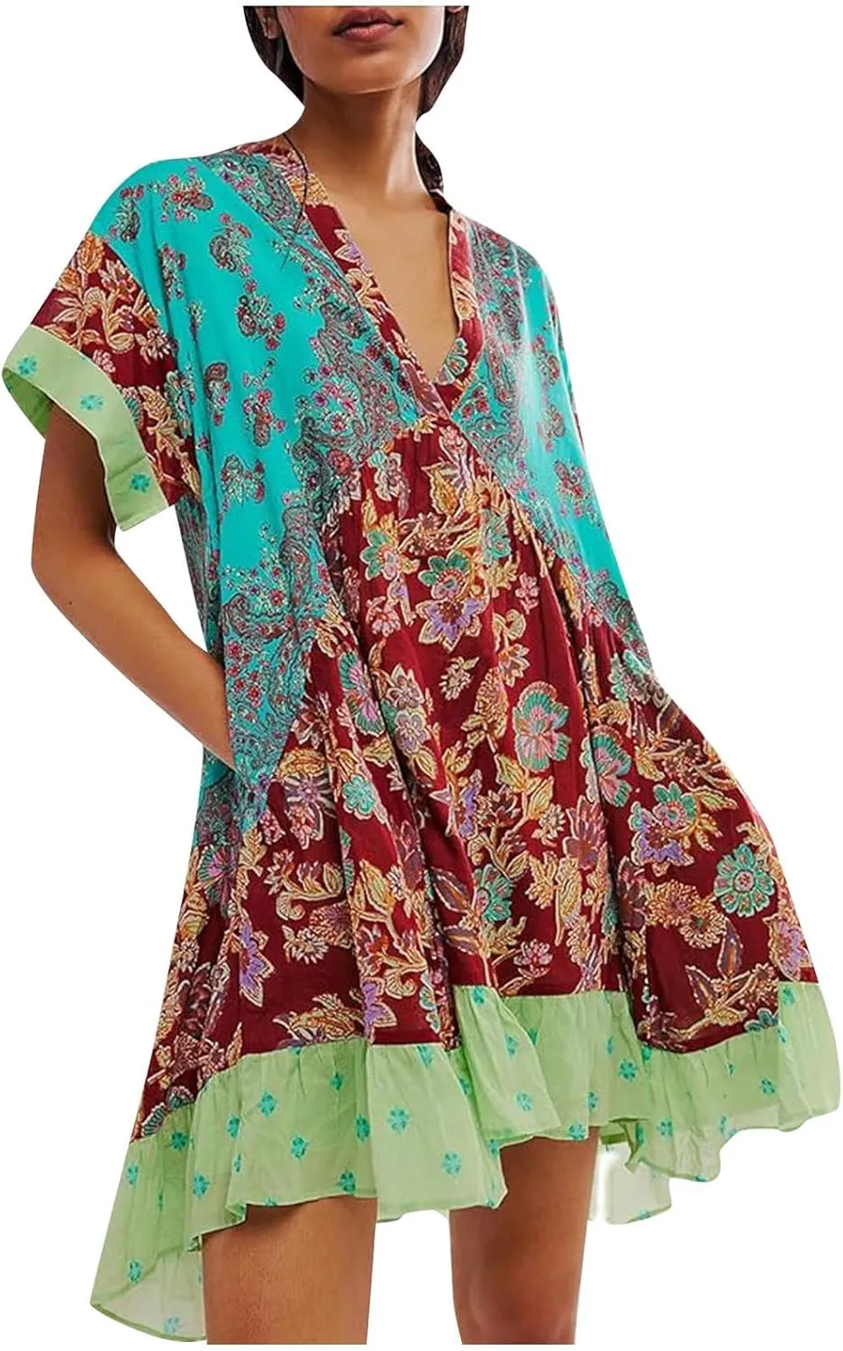Women's Summer Dresses Ruffle Sleeve Deep Vneck Flowy Pleated Mini Dress Cover Up Printed Loose Sundress S-XXL