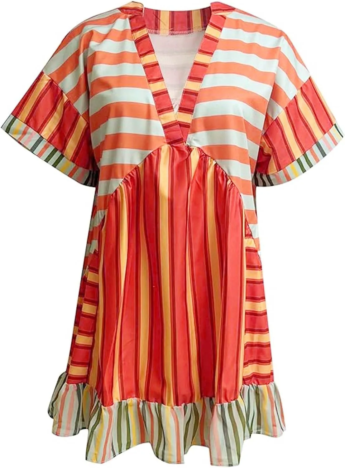 Women's Summer Dresses Ruffle Sleeve Deep Vneck Flowy Pleated Mini Dress Cover Up Printed Loose Sundress S-XXL