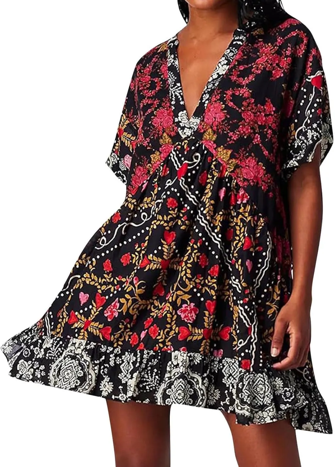 Women's Summer Dresses Ruffle Sleeve Deep Vneck Flowy Pleated Mini Dress Cover Up Printed Loose Sundress S-XXL