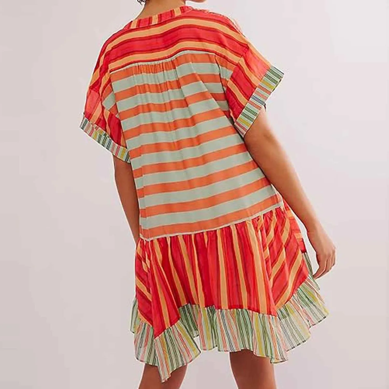 Women's Summer Dresses Ruffle Sleeve Deep Vneck Flowy Pleated Mini Dress Cover Up Printed Loose Sundress S-XXL