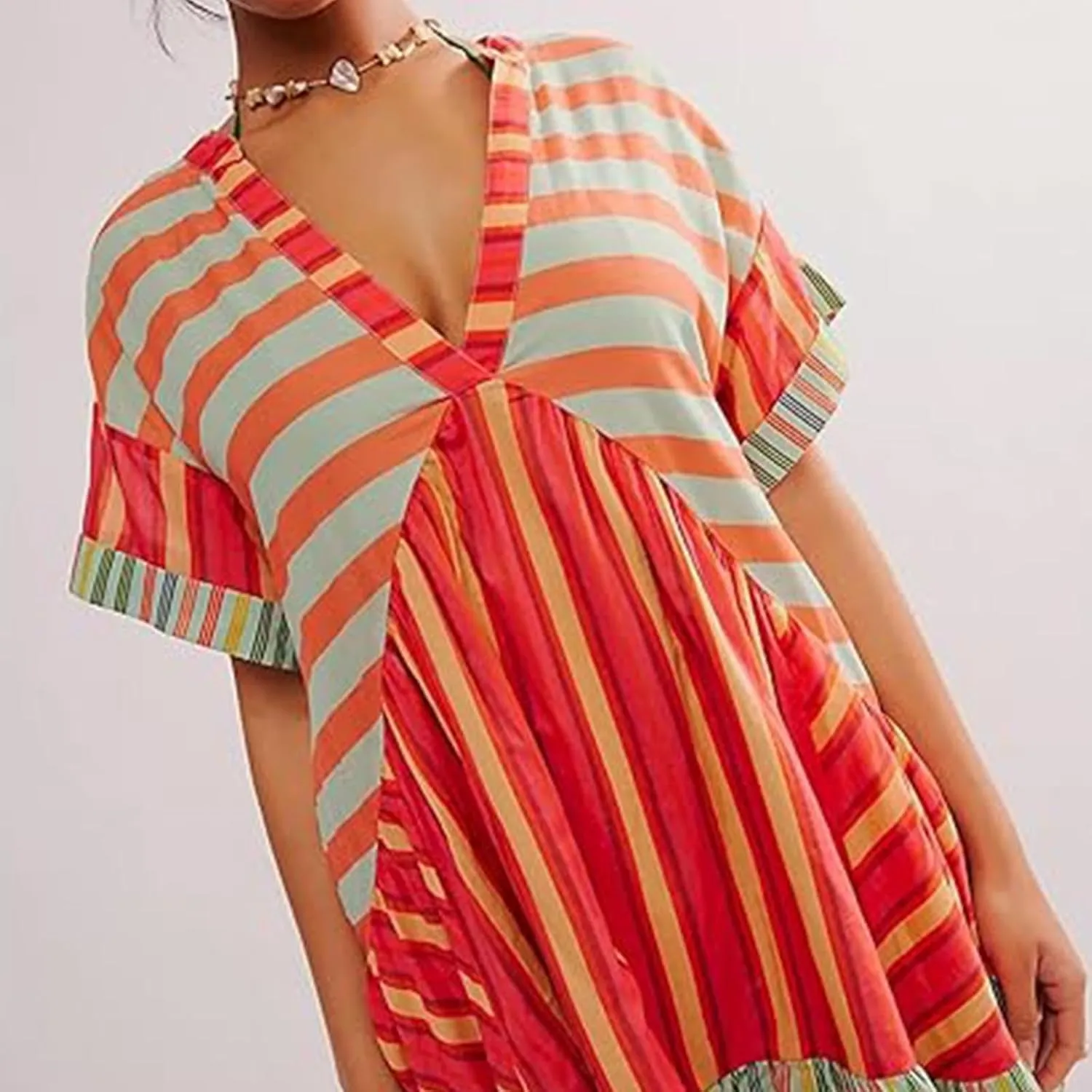 Women's Summer Dresses Ruffle Sleeve Deep Vneck Flowy Pleated Mini Dress Cover Up Printed Loose Sundress S-XXL
