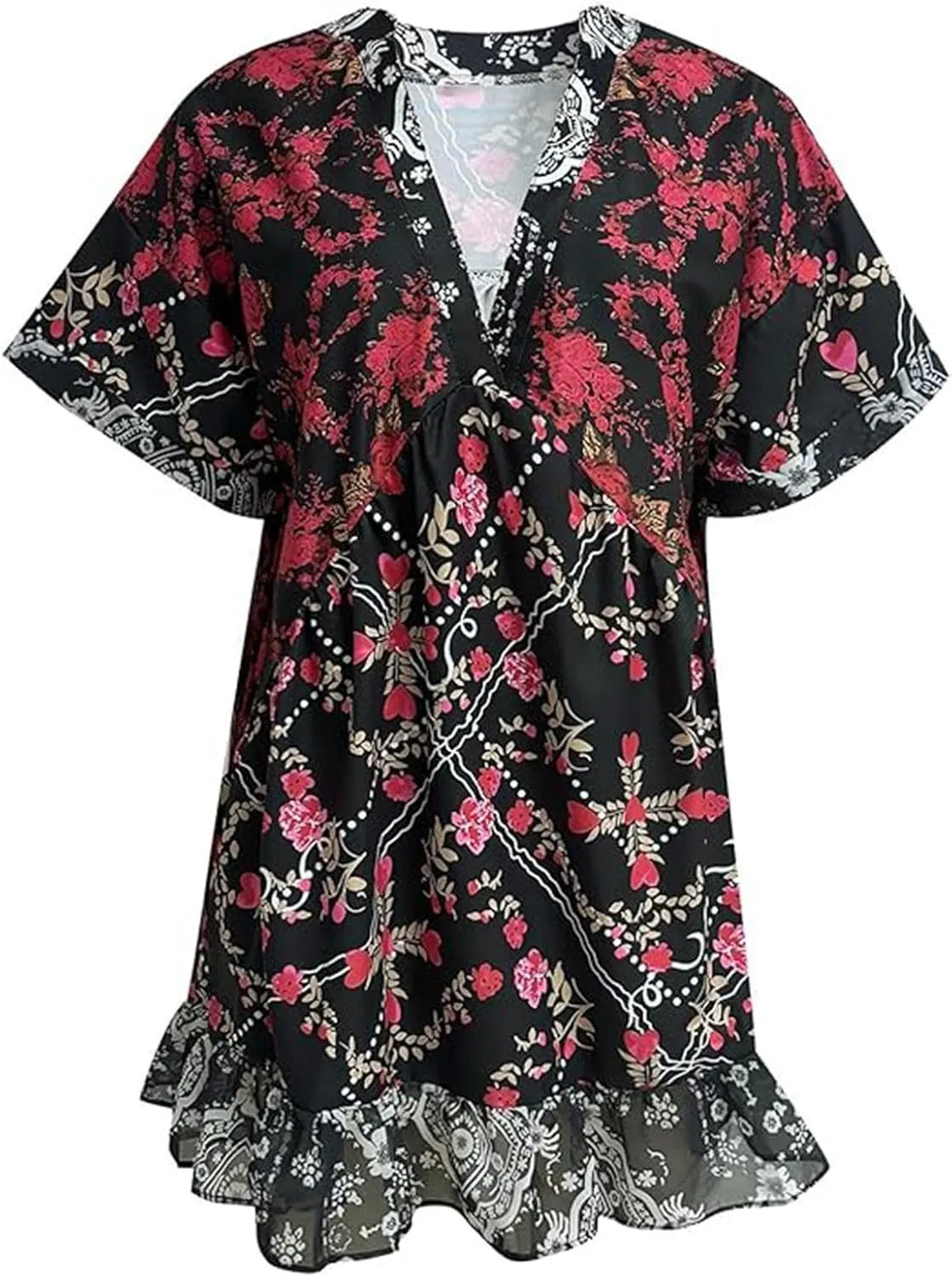 Women's Summer Dresses Ruffle Sleeve Deep Vneck Flowy Pleated Mini Dress Cover Up Printed Loose Sundress S-XXL