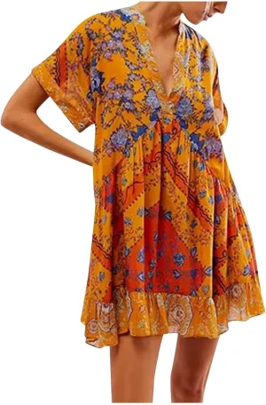Women's Summer Dresses Ruffle Sleeve Deep Vneck Flowy Pleated Mini Dress Cover Up Printed Loose Sundress S-XXL
