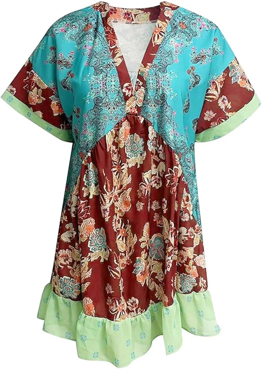 Women's Summer Dresses Ruffle Sleeve Deep Vneck Flowy Pleated Mini Dress Cover Up Printed Loose Sundress S-XXL