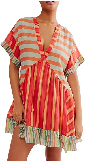Women's Summer Dresses Ruffle Sleeve Deep Vneck Flowy Pleated Mini Dress Cover Up Printed Loose Sundress S-XXL