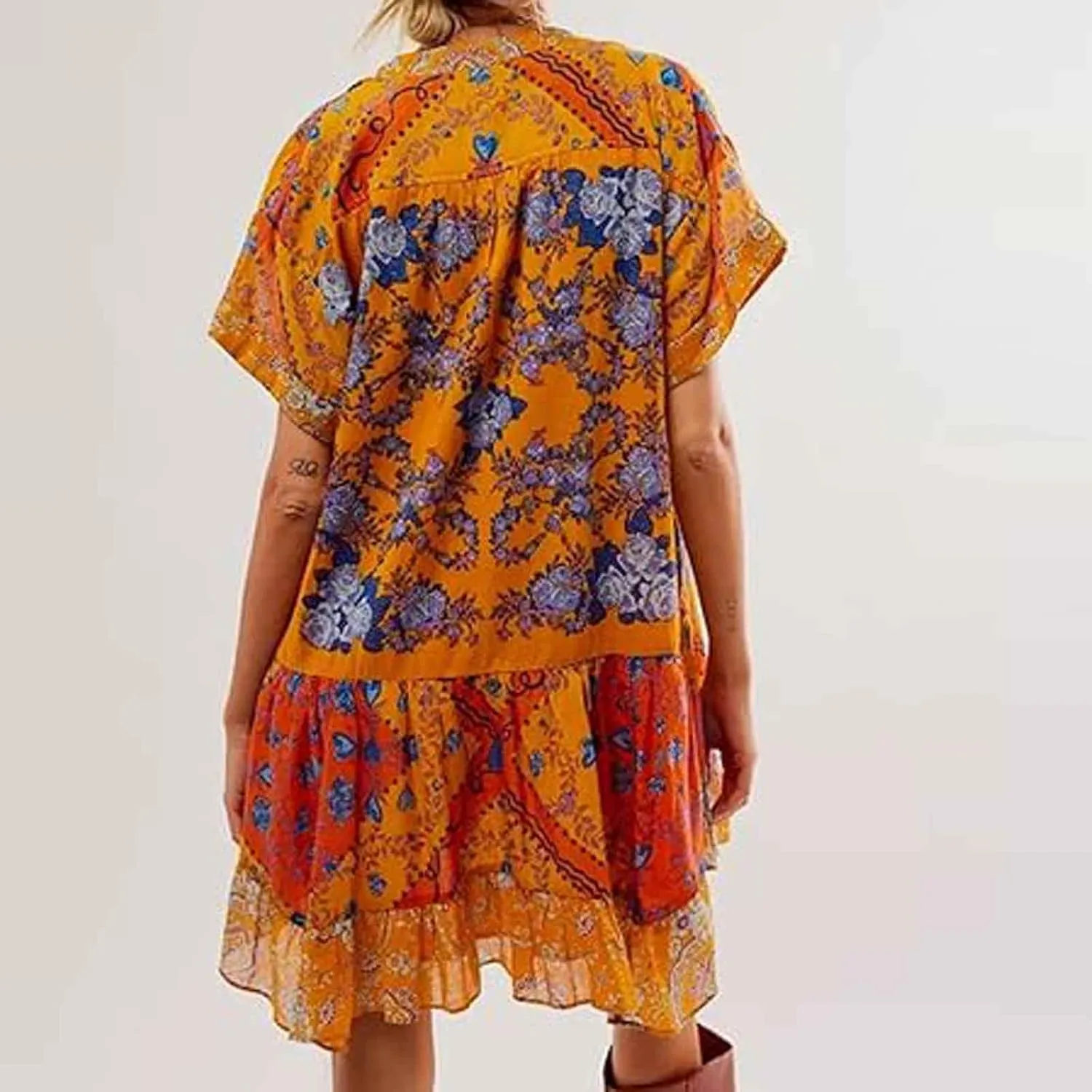 Women's Summer Dresses Ruffle Sleeve Deep Vneck Flowy Pleated Mini Dress Cover Up Printed Loose Sundress S-XXL