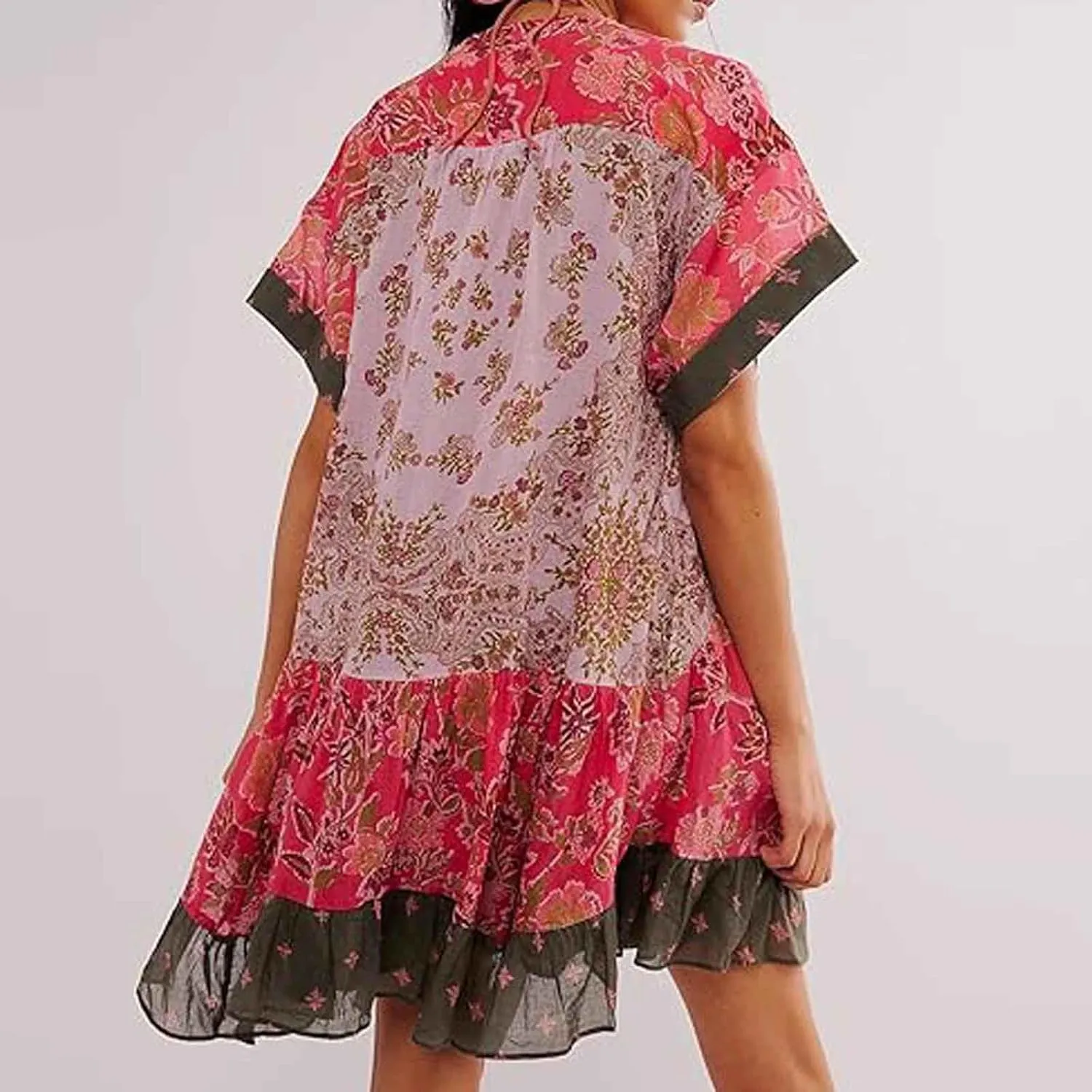 Women's Summer Dresses Ruffle Sleeve Deep Vneck Flowy Pleated Mini Dress Cover Up Printed Loose Sundress S-XXL