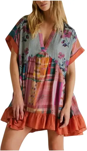 Women's Summer Dresses Ruffle Sleeve Deep Vneck Flowy Pleated Mini Dress Cover Up Printed Loose Sundress S-XXL