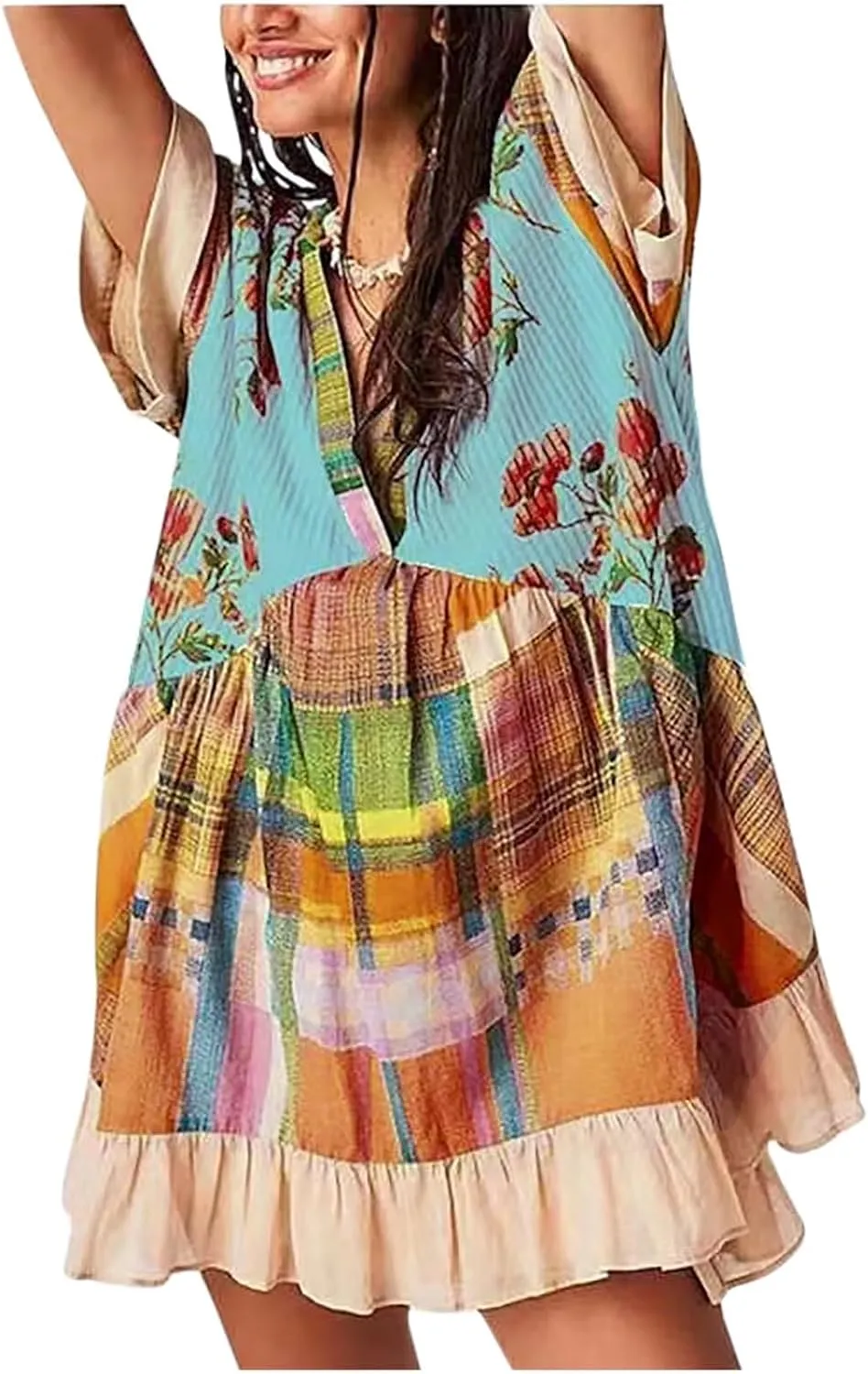 Women's Summer Dresses Ruffle Sleeve Deep Vneck Flowy Pleated Mini Dress Cover Up Printed Loose Sundress S-XXL