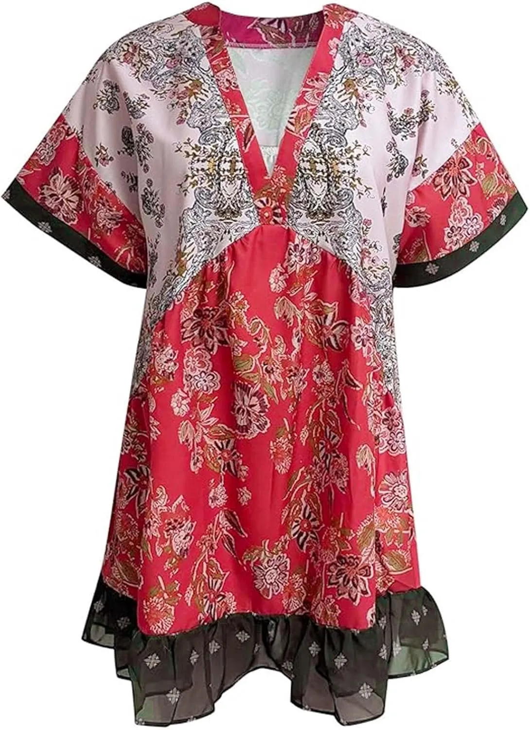 Women's Summer Dresses Ruffle Sleeve Deep Vneck Flowy Pleated Mini Dress Cover Up Printed Loose Sundress S-XXL