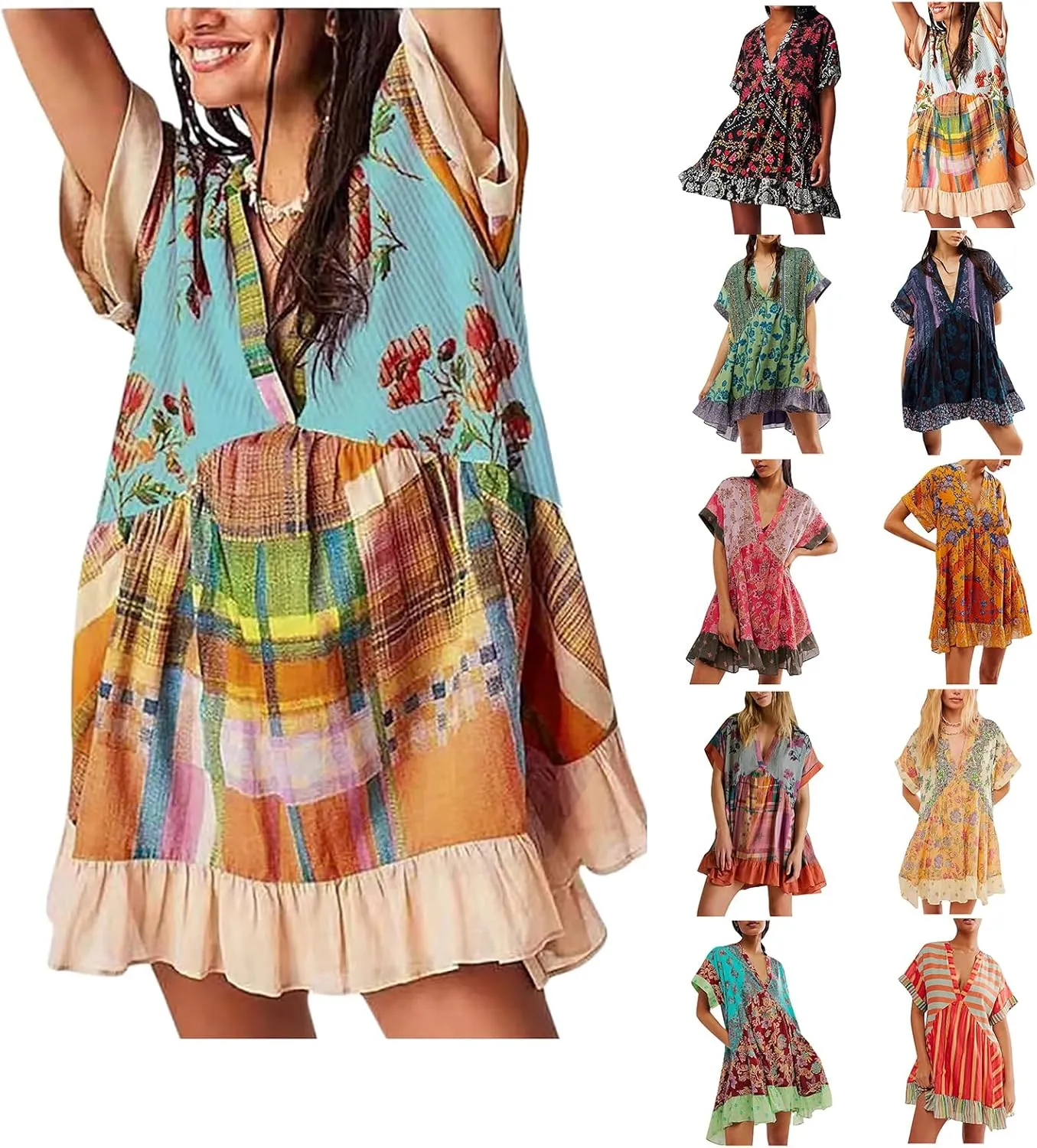 Women's Summer Dresses Ruffle Sleeve Deep Vneck Flowy Pleated Mini Dress Cover Up Printed Loose Sundress S-XXL