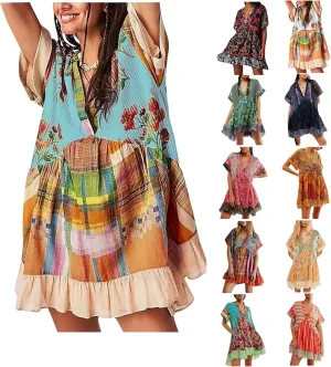 Women's Summer Dresses Ruffle Sleeve Deep Vneck Flowy Pleated Mini Dress Cover Up Printed Loose Sundress S-XXL