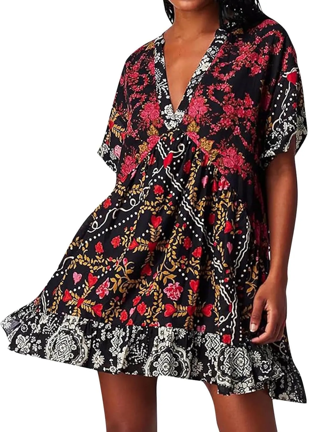 Women's Summer Dresses Ruffle Sleeve Deep Vneck Flowy Pleated Mini Dress Cover Up Printed Loose Sundress S-XXL