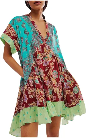 Women's Summer Dresses Ruffle Sleeve Deep Vneck Flowy Pleated Mini Dress Cover Up Printed Loose Sundress S-XXL