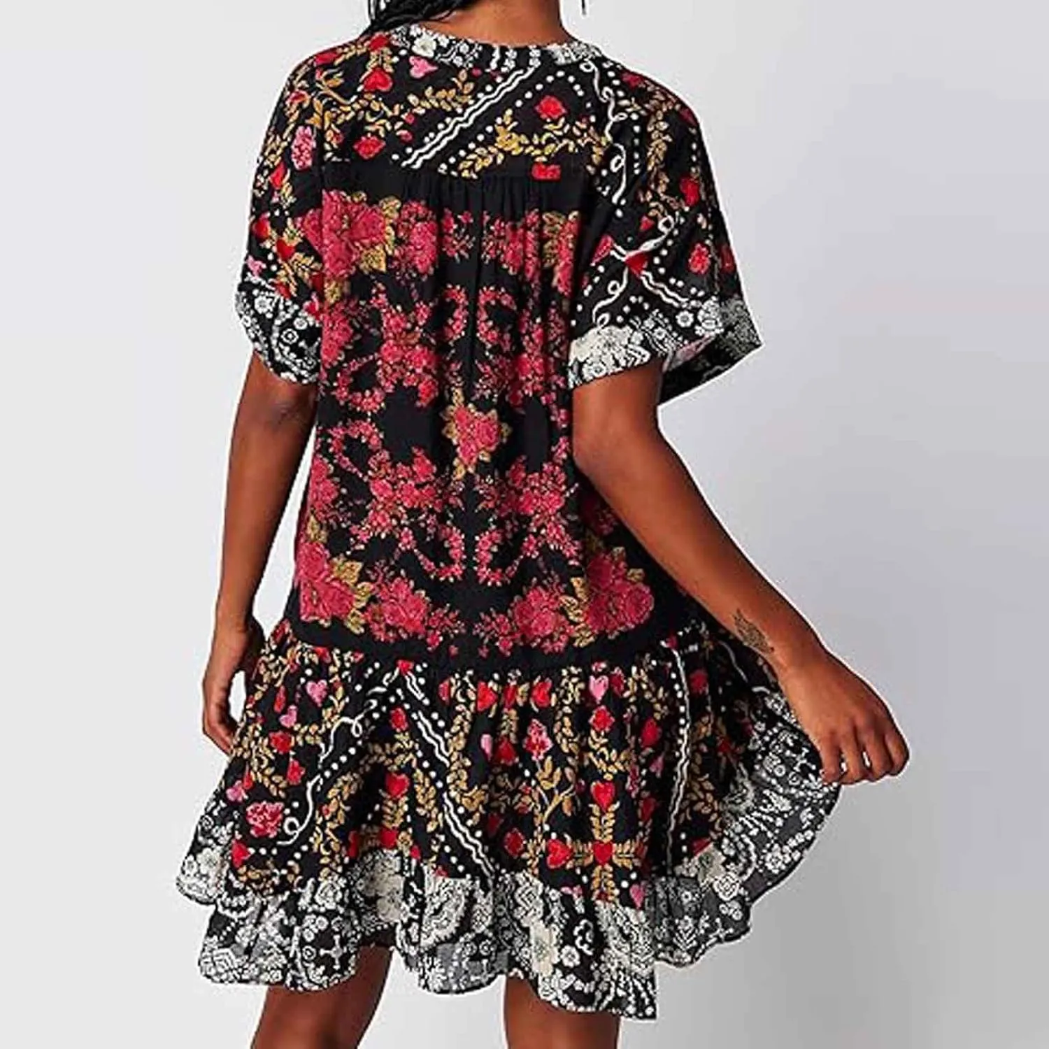 Women's Summer Dresses Ruffle Sleeve Deep Vneck Flowy Pleated Mini Dress Cover Up Printed Loose Sundress S-XXL