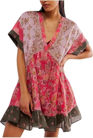 Women's Summer Dresses Ruffle Sleeve Deep Vneck Flowy Pleated Mini Dress Cover Up Printed Loose Sundress S-XXL