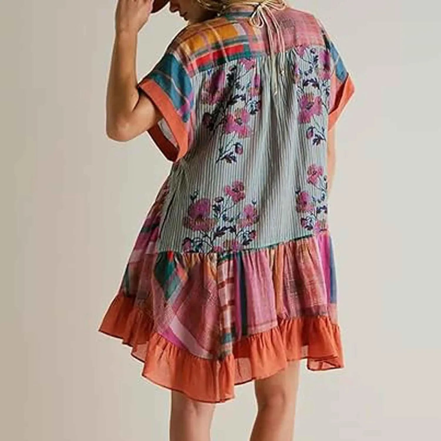 Women's Summer Dresses Ruffle Sleeve Deep Vneck Flowy Pleated Mini Dress Cover Up Printed Loose Sundress S-XXL