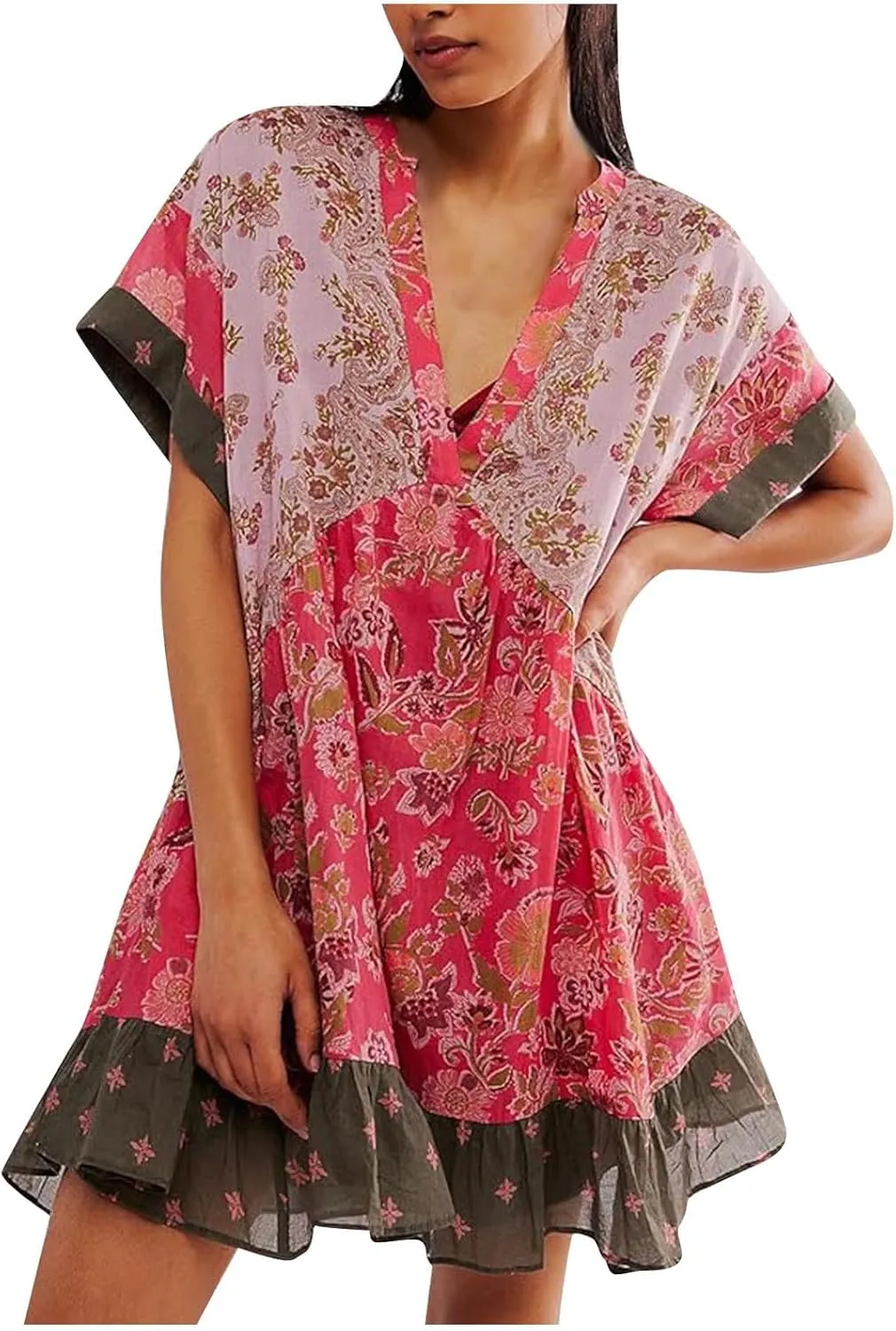 Women's Summer Dresses Ruffle Sleeve Deep Vneck Flowy Pleated Mini Dress Cover Up Printed Loose Sundress S-XXL