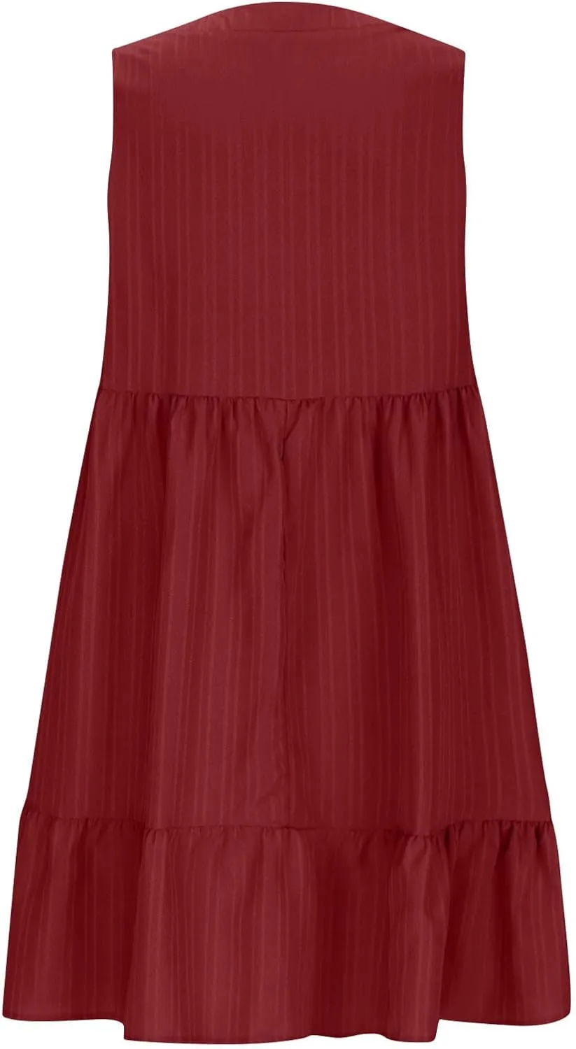 Women's Summer Dresses Sleeveless Vneck Solid Loose Short Flowy Pleated Mini Dress V Neck Boho Sundress Trendy S-XXL