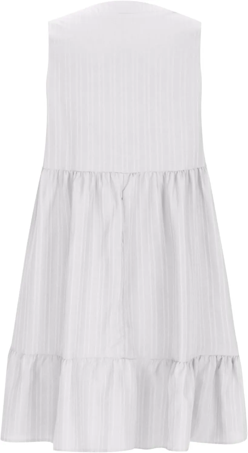 Women's Summer Dresses Sleeveless Vneck Solid Loose Short Flowy Pleated Mini Dress V Neck Boho Sundress Trendy S-XXL