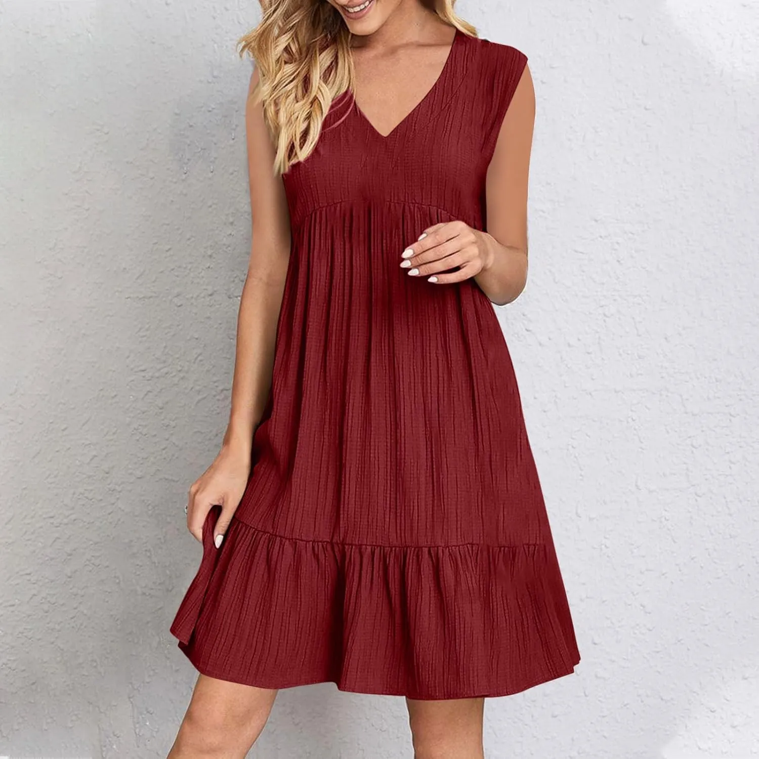 Women's Summer Dresses Sleeveless Vneck Solid Loose Short Flowy Pleated Mini Dress V Neck Boho Sundress Trendy S-XXL