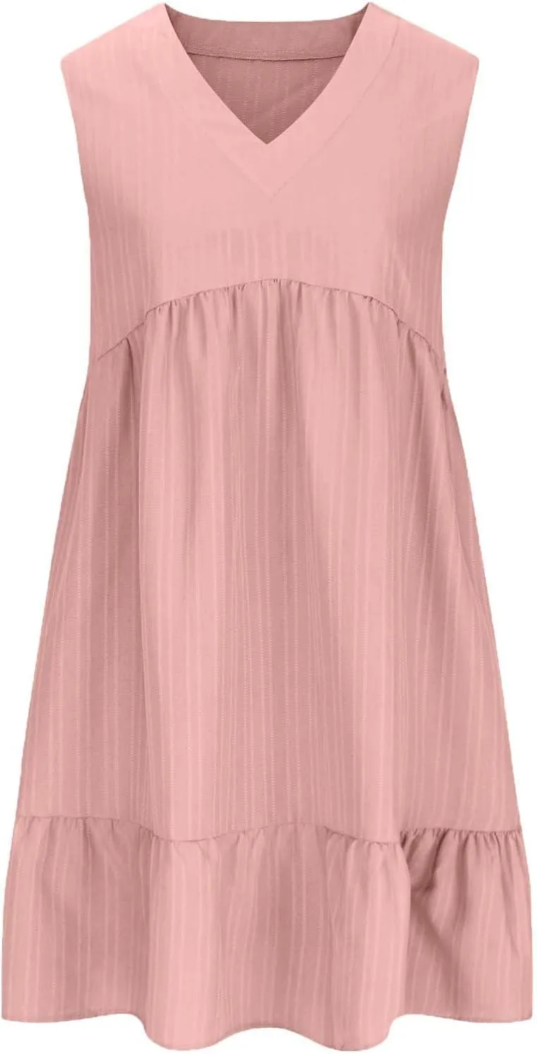 Women's Summer Dresses Sleeveless Vneck Solid Loose Short Flowy Pleated Mini Dress V Neck Boho Sundress Trendy S-XXL