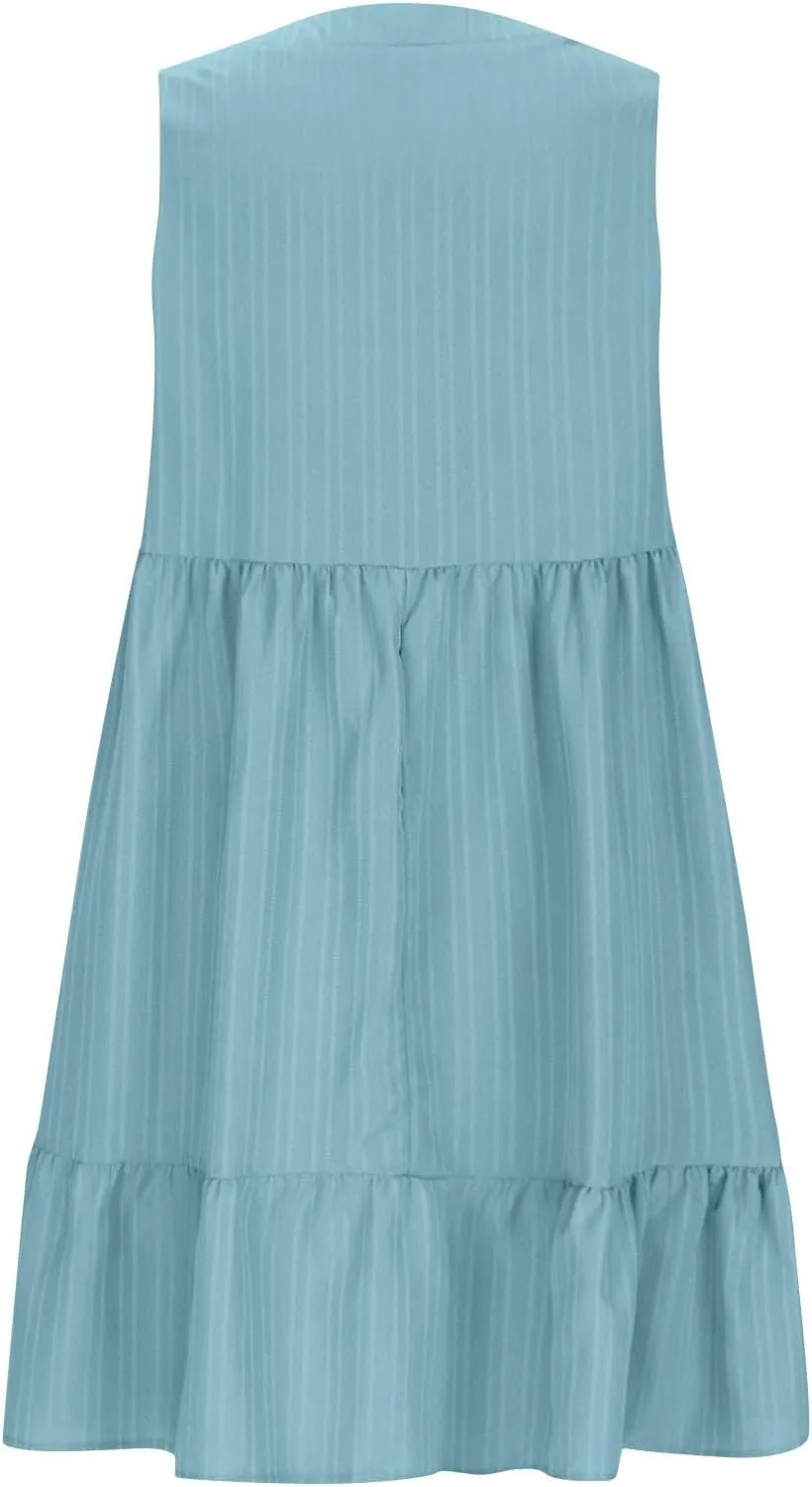 Women's Summer Dresses Sleeveless Vneck Solid Loose Short Flowy Pleated Mini Dress V Neck Boho Sundress Trendy S-XXL