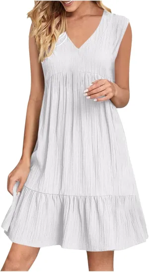 Women's Summer Dresses Sleeveless Vneck Solid Loose Short Flowy Pleated Mini Dress V Neck Boho Sundress Trendy S-XXL