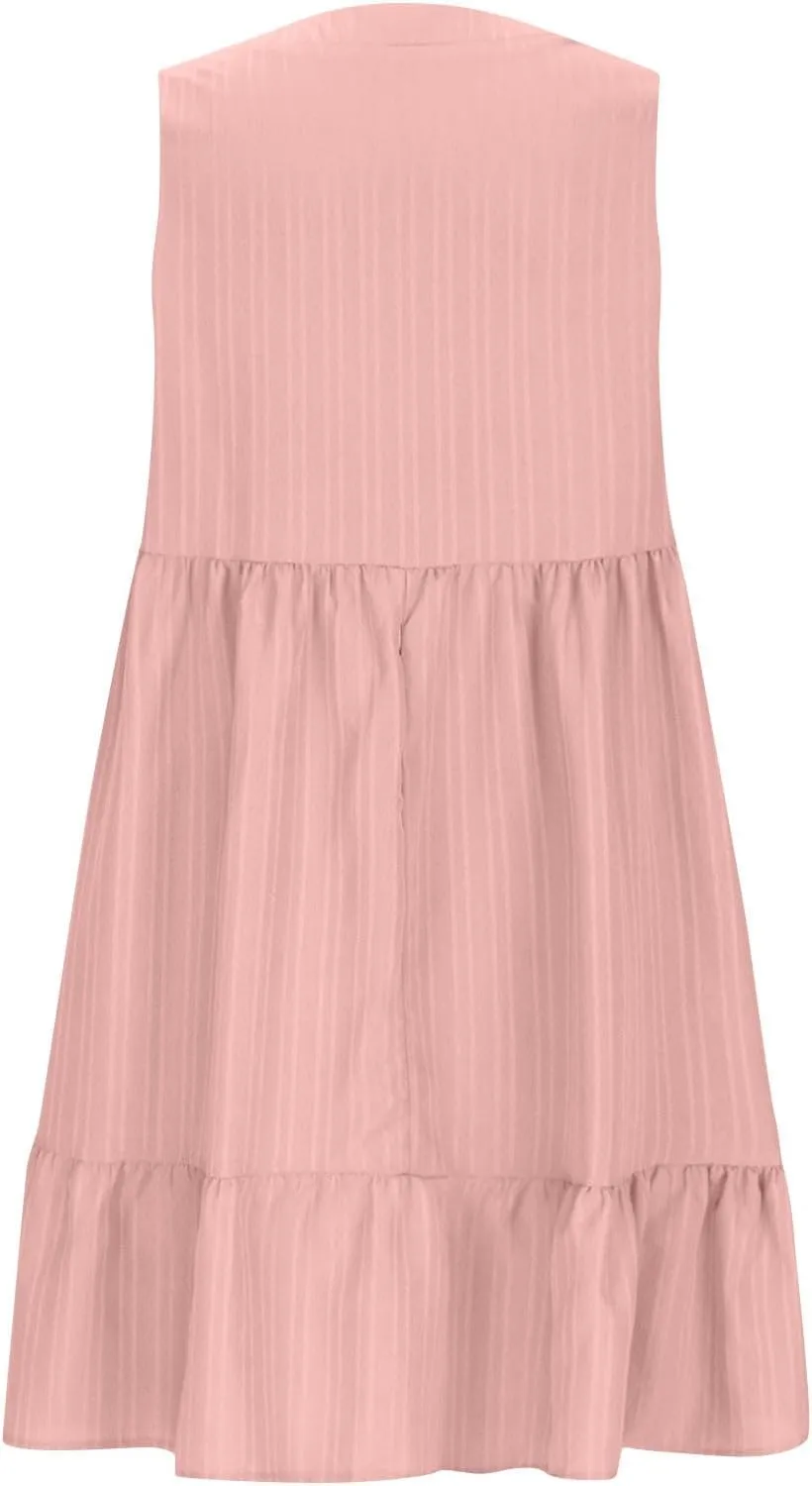 Women's Summer Dresses Sleeveless Vneck Solid Loose Short Flowy Pleated Mini Dress V Neck Boho Sundress Trendy S-XXL