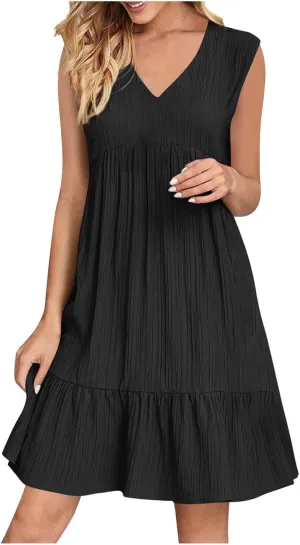 Women's Summer Dresses Sleeveless Vneck Solid Loose Short Flowy Pleated Mini Dress V Neck Boho Sundress Trendy S-XXL