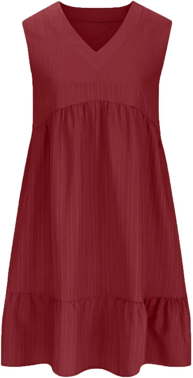 Women's Summer Dresses Sleeveless Vneck Solid Loose Short Flowy Pleated Mini Dress V Neck Boho Sundress Trendy S-XXL