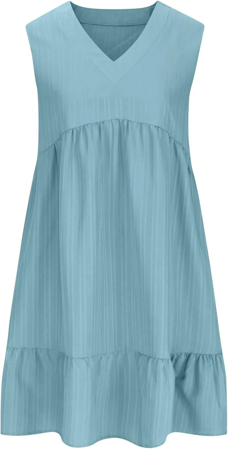 Women's Summer Dresses Sleeveless Vneck Solid Loose Short Flowy Pleated Mini Dress V Neck Boho Sundress Trendy S-XXL