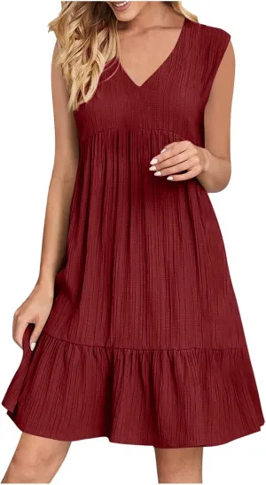 Women's Summer Dresses Sleeveless Vneck Solid Loose Short Flowy Pleated Mini Dress V Neck Boho Sundress Trendy S-XXL