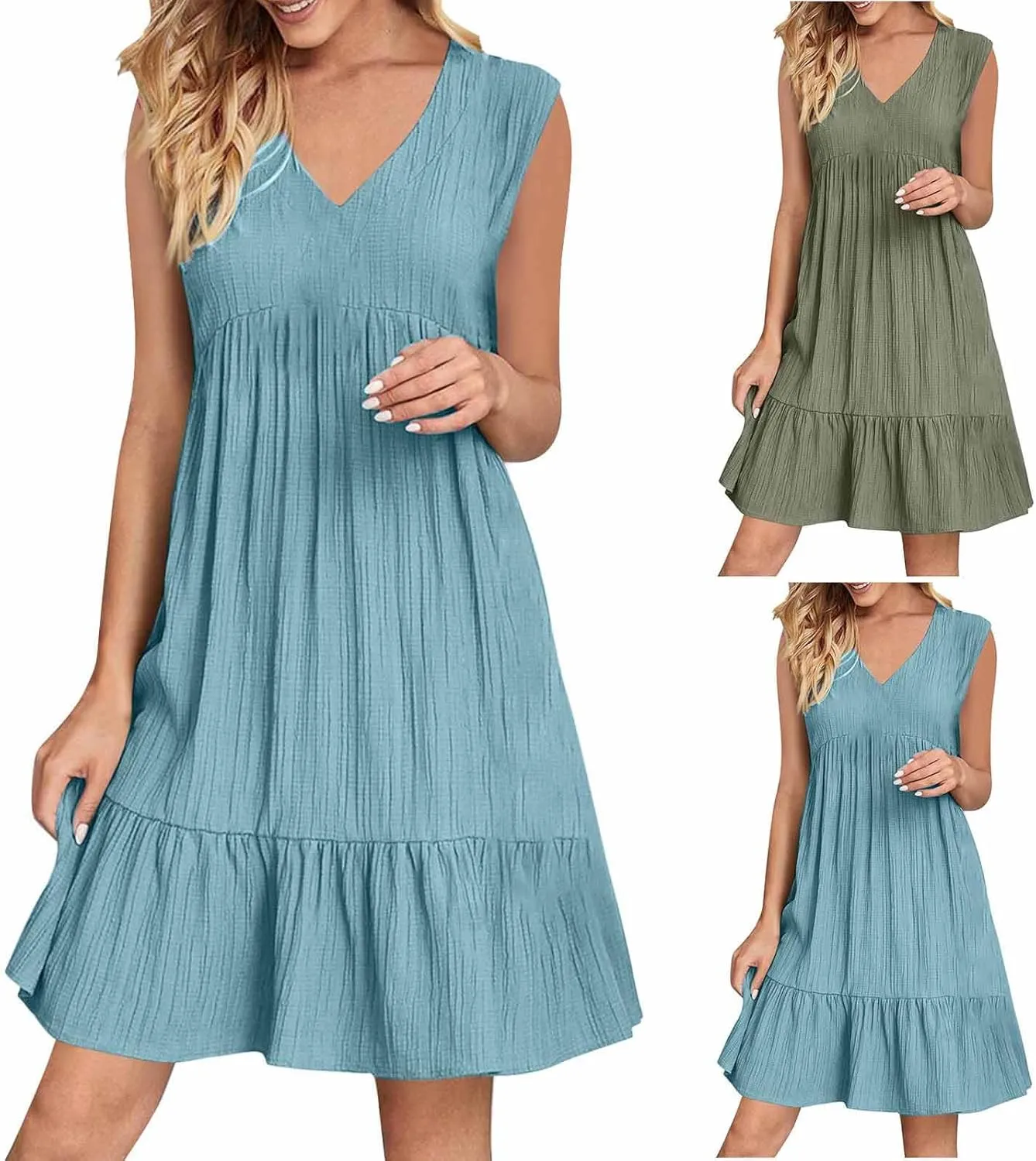 Women's Summer Dresses Sleeveless Vneck Solid Loose Short Flowy Pleated Mini Dress V Neck Boho Sundress Trendy S-XXL