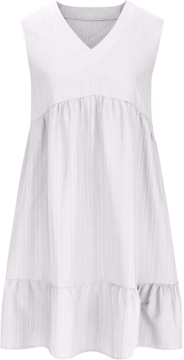 Women's Summer Dresses Sleeveless Vneck Solid Loose Short Flowy Pleated Mini Dress V Neck Boho Sundress Trendy S-XXL