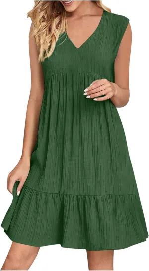Women's Summer Dresses Sleeveless Vneck Solid Loose Short Flowy Pleated Mini Dress V Neck Boho Sundress Trendy S-XXL