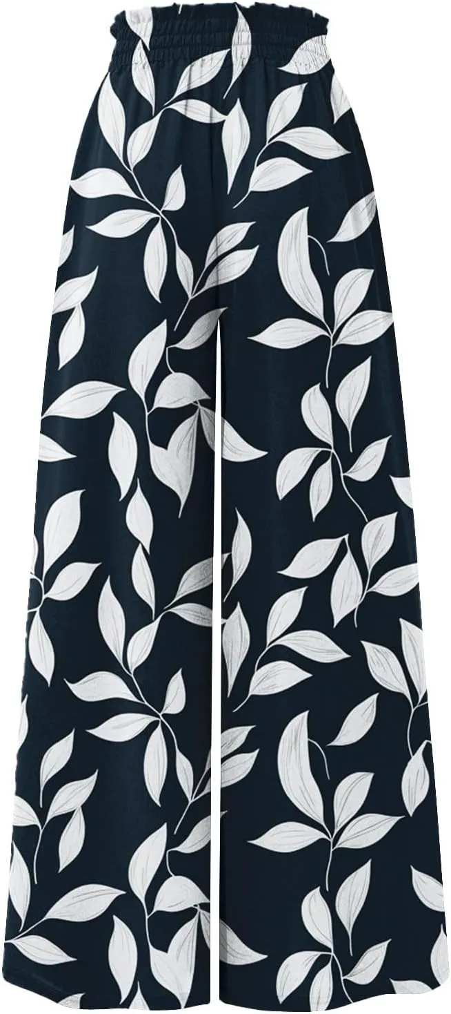 Womens Summer Pants 2025 Floral Relaxed Fit Summer Palazzo Trendy Dressy Bohemian Style Bottoms