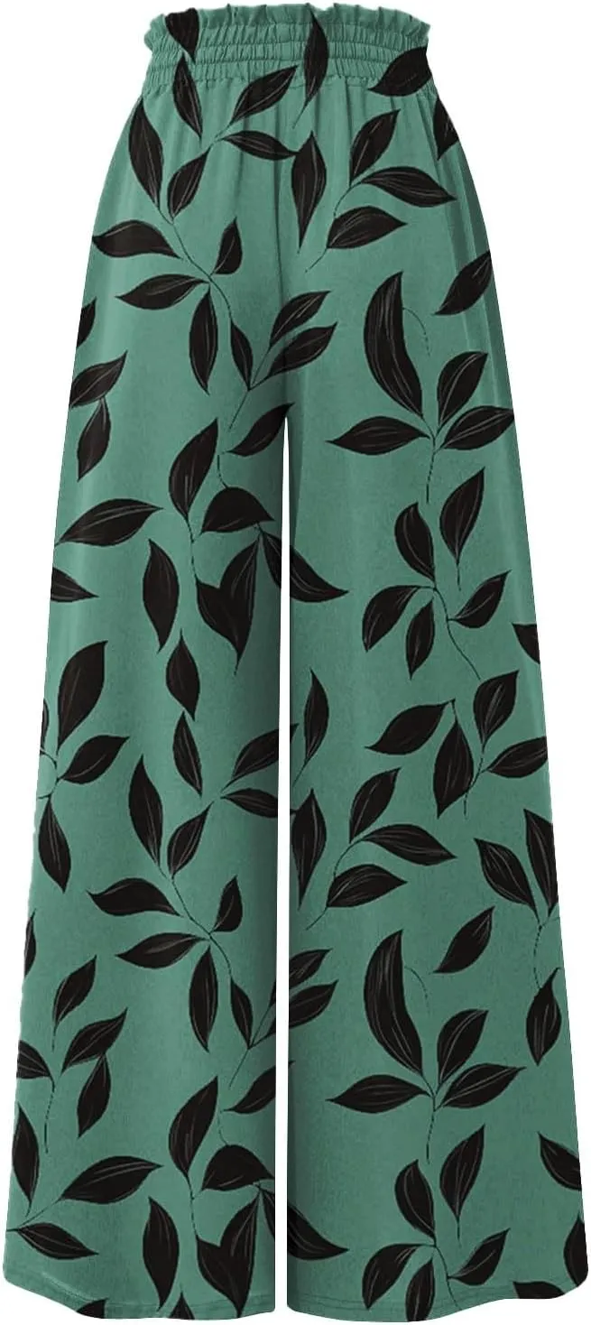 Womens Summer Pants 2025 Floral Relaxed Fit Summer Palazzo Trendy Dressy Bohemian Style Bottoms