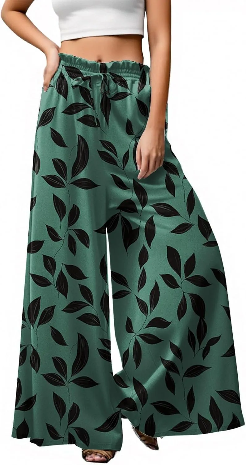 Womens Summer Pants 2025 Floral Relaxed Fit Summer Palazzo Trendy Dressy Bohemian Style Bottoms