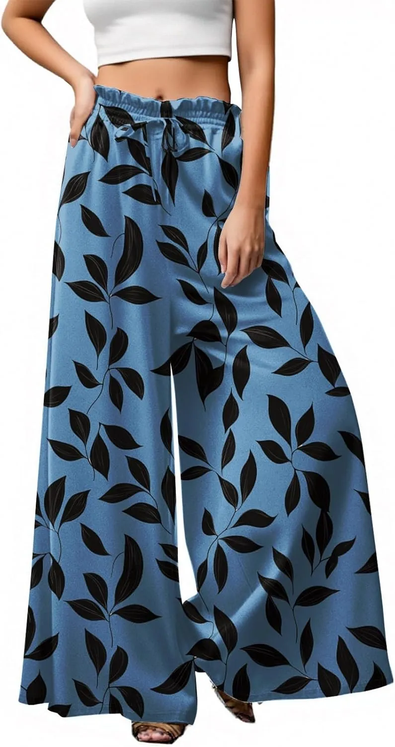 Womens Summer Pants 2025 Floral Relaxed Fit Summer Palazzo Trendy Dressy Bohemian Style Bottoms